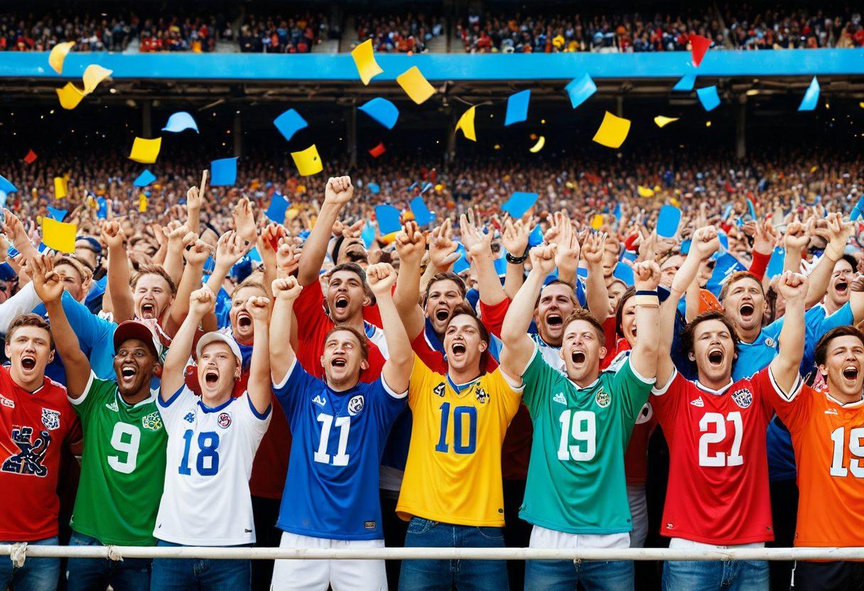 A vibrant and dynamic display featuring a variety of team spirit wear such as jerseys, hats, and scarves in a colorful sports stadium atmosphere. Include enthusiastic fans wearing the gear, waving flags and cheering, creating an energetic ambiance. The background showcases a football field with players in action. Add playful elements like confetti and foam fingers to enhance excitement. realistic illustration. vibrant colors. stadium backdrop.