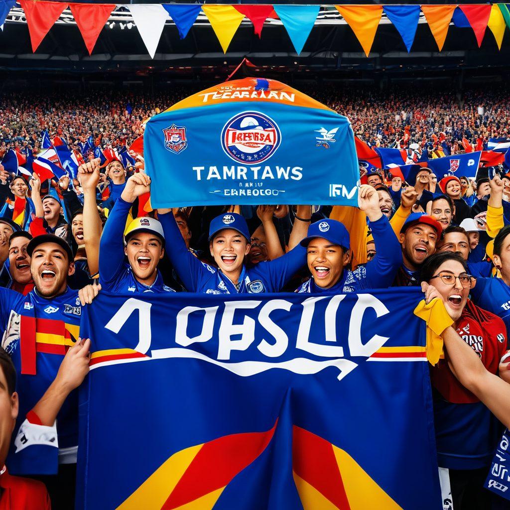 A dynamic scene depicting a diverse group of passionate team members, dressed in customizable team merchandise, huddling together in excitement. Incorporate various apparel styles like jerseys, caps, and scarves, showcasing vibrant team colors. In the background, include a large banner displaying the team's logo with enthusiastic fans waving flags. The atmosphere should be lively and energetic, capturing the essence of team spirit. super-realistic. vibrant colors. 3D.