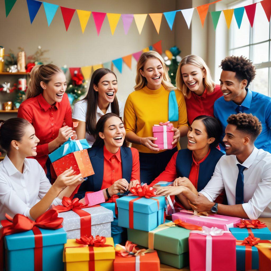 A vibrant collage depicting a diverse team in professional uniforms, blending into celebratory moments of gift-giving. Showcase joy and pride on their faces, surrounded by personalized, cheerful gifts that symbolize teamwork and achievement. Emphasize a lively workspace setting with banners of encouragement in the background. bright colors, dynamic composition, 3D effect.
